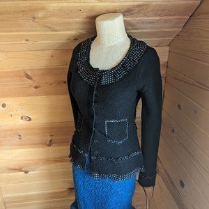 Anthropologie Sparrow Black Boiled Wool Cardigan with Ruffled Polka Dot Trim